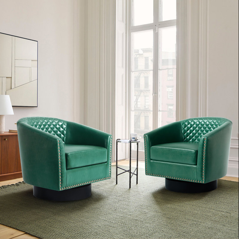 Bennett Upholstered Green Faux Leather Tufted Barrel Small Swivel Chair with Nailhead Trim, Green Faux Leather