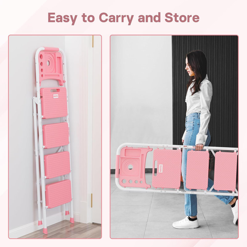 Black and White Steel Folding 4-Step Ladder with Tool Platform