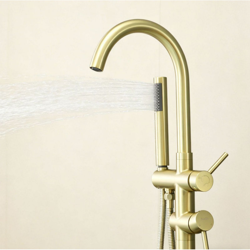 Robinet de baignoire autoportant à fixation au sol avec douche à main, Or brossé