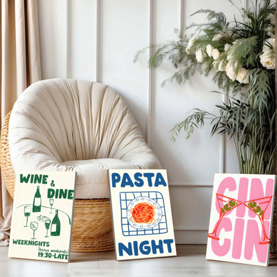 Ensemble de 3 affiches encadrées, style vintage, sur le thème de la nourriture et des boissons : impressions « Vin, souper, pâtes, soirée gin » pour la décoration de la cuisine et de la salle à manger. Décoration murale rétro minimaliste moderne.
