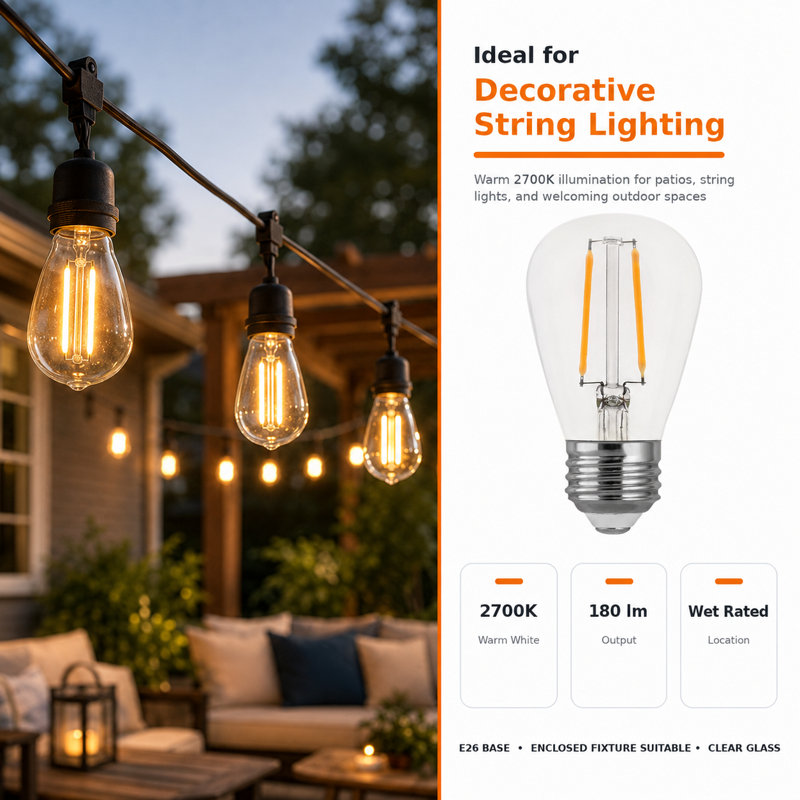 Euri Lighting S14 LED Filament Bulb, 2W, 180 lm, 25W Eq., 2700K, E26, Wet Rated, UL