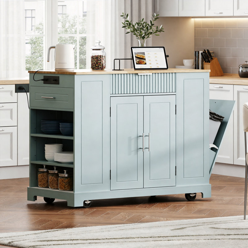 Gray-Blue Recessed Kitchen Island With 5 Wheels For Easy Movement. Includes Trash Can, Storage Cabinet, Power Outlet, 3 Drawers, 3 Side Shelves, And Can Hold A 10-Gallon Bin. A Multi-Functional Storage Work Surface.