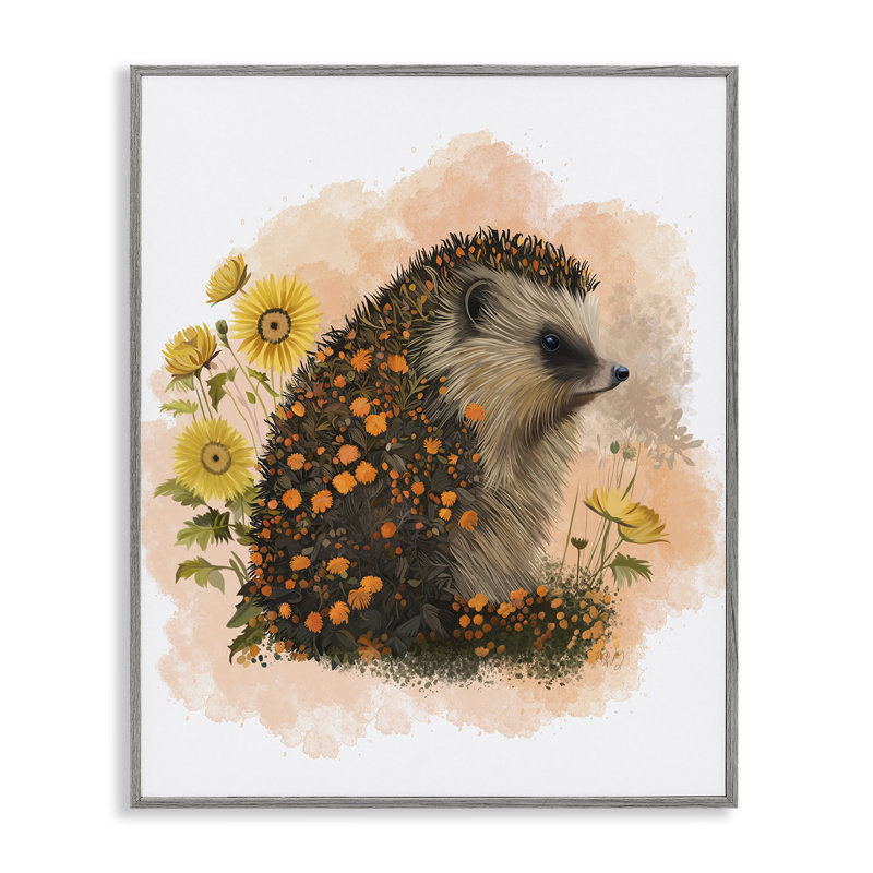 Wildflower Patterned Hedgehog Framed Giclee Art by Fab Funky, Farmhouse Gray Framed Giclee, 20" H x 16" W