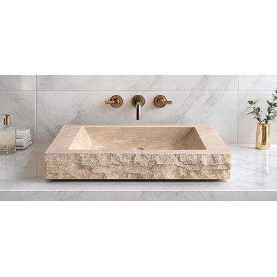 Lavabo de salle de bain en travertin beige sculpté à la main - Bassin en pierre naturelle à bord ciselé, taille personnalisée - 16 po x 14 po x 6 po