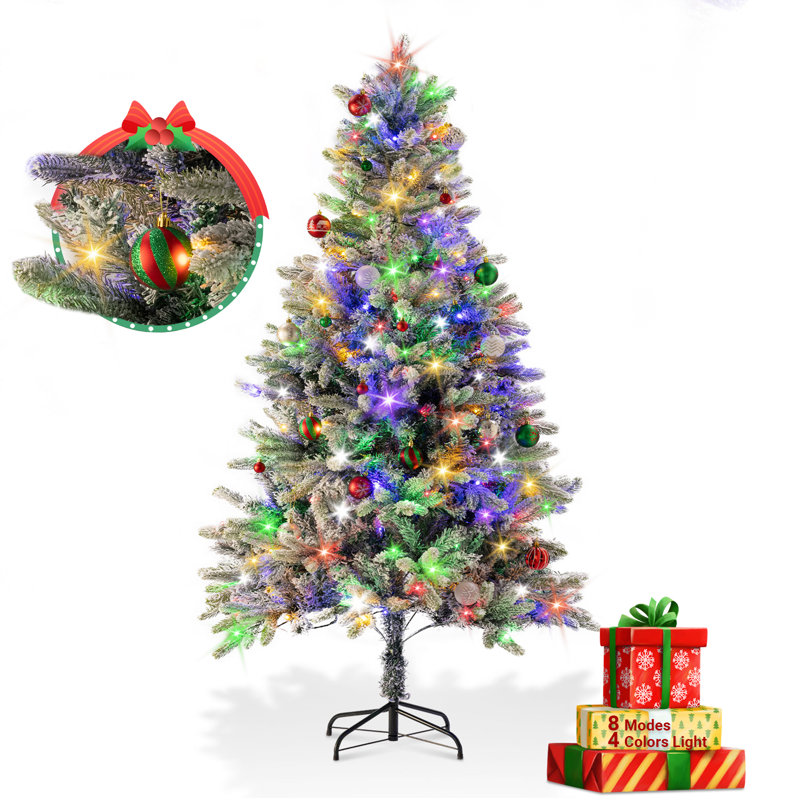 Arbre de Noël artificiel enneigé 6,1 pi avec 4 modes 8 couleurs, arbre de Noël floqué avec 200 lumières, 1000 branches en feutre réfractaire et base pliable pour la décoration des Fêtes
