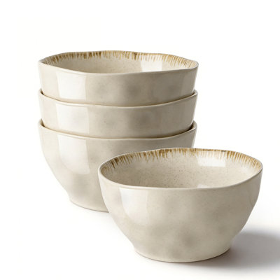 Bol à soupe en grès 5 "avec soulagement des ondulations d'eau - glacis réactif crème mat beige (ensemble de 4)