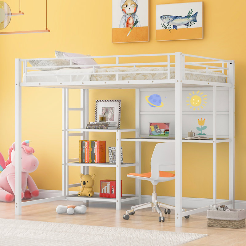 Lit mezzanine avec bureau et tableau blanc, lit mezzanine en métal avec 3 tablettes et échelle, cadre de lit, Lit double