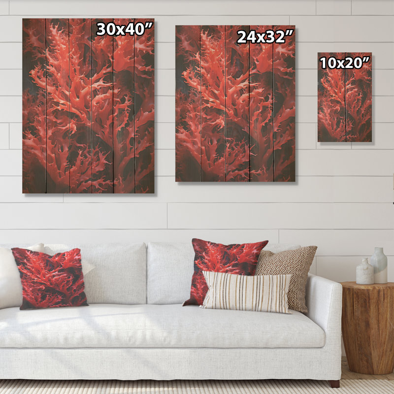 Gorgonacée rouge, monde marin - corail côtier sous l'eau, art mural sur bois de pin naturel, H 20 po x l 10 po