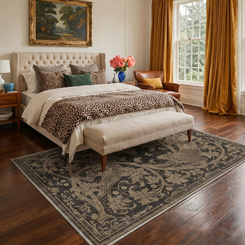 Tapis taupe / noir à imprimé animal lavable à la machine avec envers antidérapant, Rectangle 5 pi x 7 pi