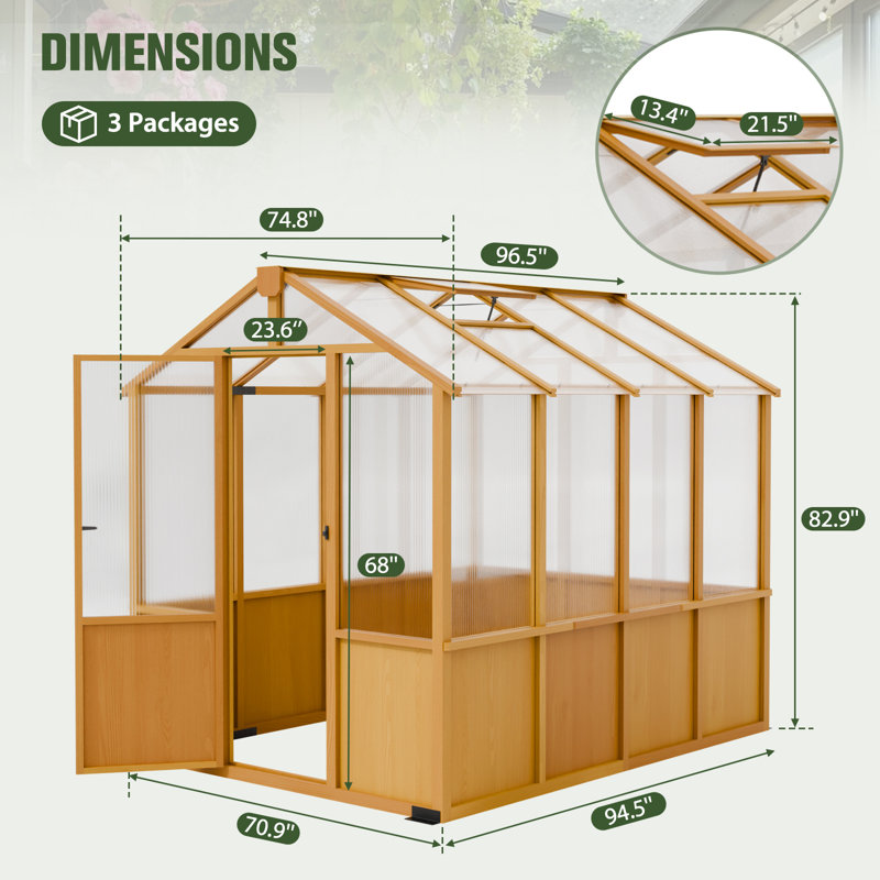 6x8 FT Wooden Greenhouse, Outdoor Walk-in Green House,  74.8" W x 96" D