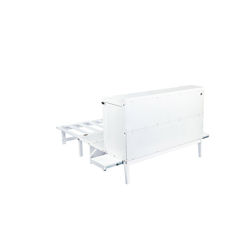 Lit escamotable avec port USB et tablettes amovibles de chaque côté, Double, Blanc