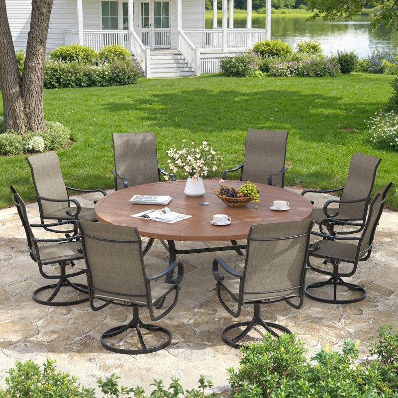 Ensemble de salle à manger 8 personnes pour terrasse avec fauteuil pivotant, Noyer/brun