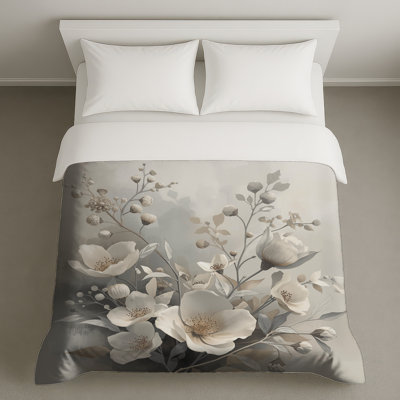 Housses de couette à fleurs blanches et beiges