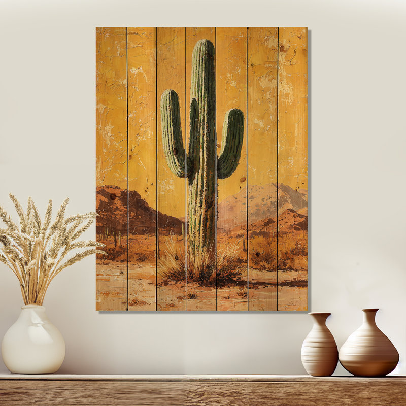 Cactus And The Desert Heat I - Floral Cactus Wood Wall Art - On Natural Pine Wood, 44" H x 34" W x 0.78" D