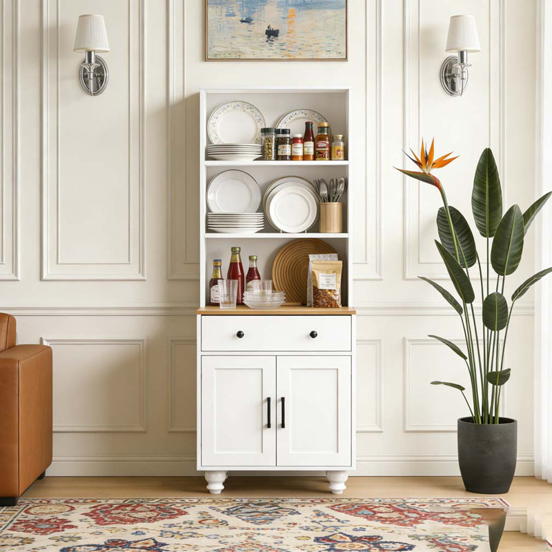 Armoire de cuisine moderne avec tablettes réglables, 4 pieds en bois massif en forme de gourde, Blanc