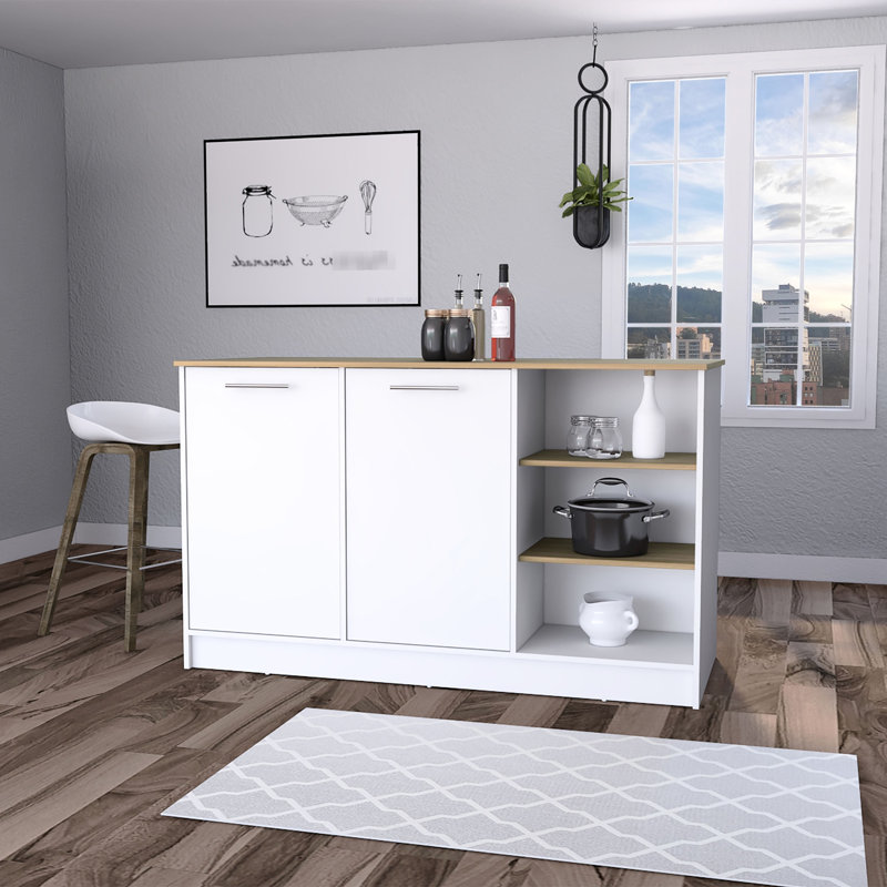 Chariot de cuisine blanc et frêne avec espace clos pour organiser l'îlot dans un look sophistiqué