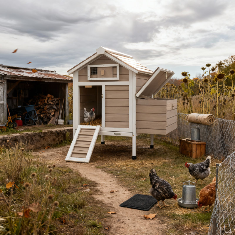 Outdoor Wooden Chicken Coop with Nesting Box and Ramp, Weatherproof Hen House with Predator-Safe Locks, Slide-Out Waste Tray & Elevated Base, Large