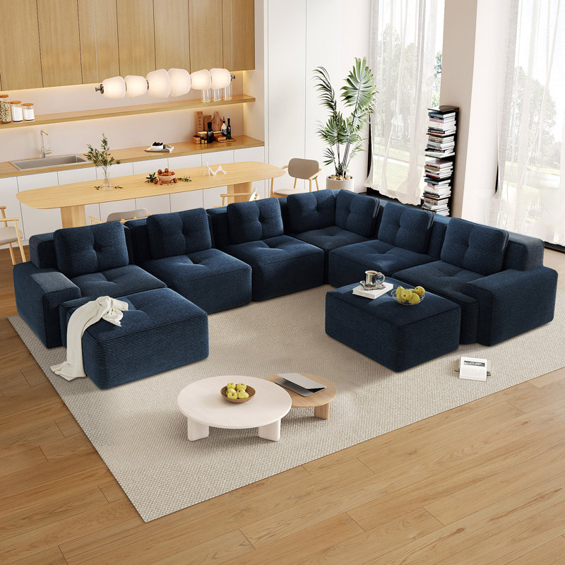 Canapé modulaire en velours côtelé 8 pièces avec repose-pieds mobile Dravon, Velours côtelé bleu