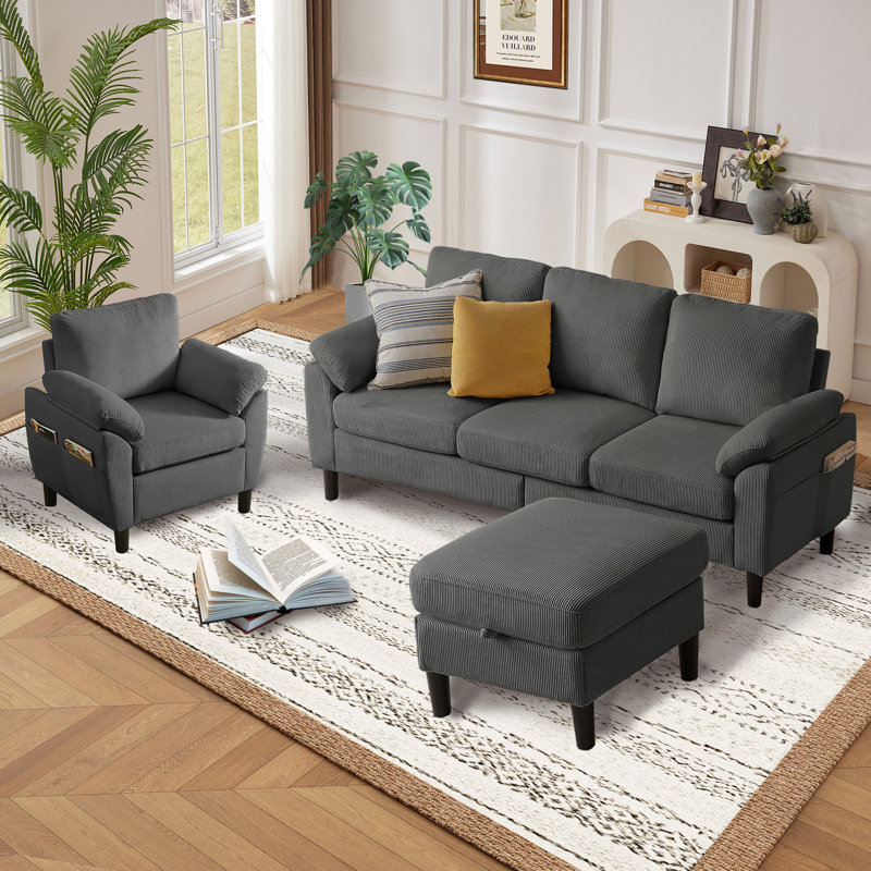 Ensemble de canapé modulaire 3 pièces avec fauteuil et repose-pieds, Gris foncé