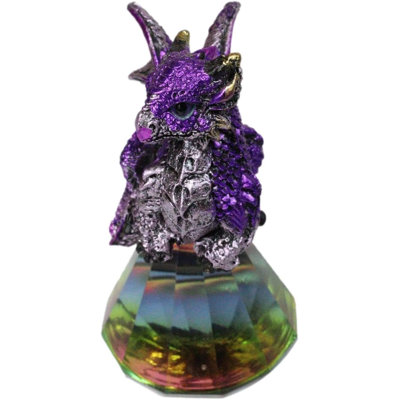 Fantasy Metallic Purple Silver Dragon On Iridescent Pyramid Glass Small Figurine