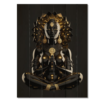 Déesse africaine noire et dorée en lotus - impression d'une femme afro-américaine sur bois de pin naturel