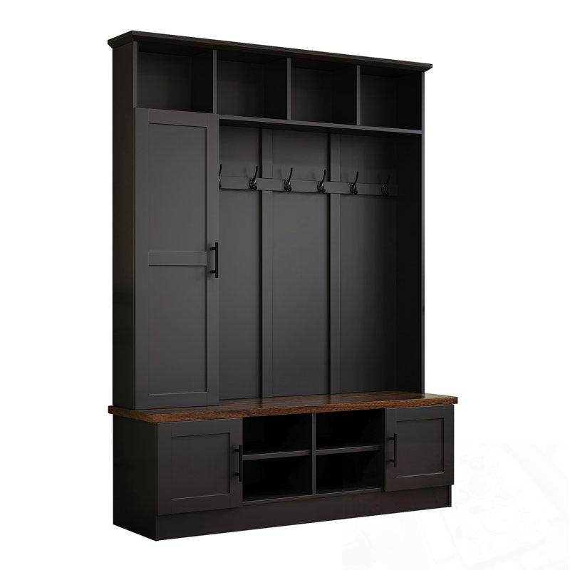 Hall Tree With Bench, Open Shelf And 2 Drawers, Black