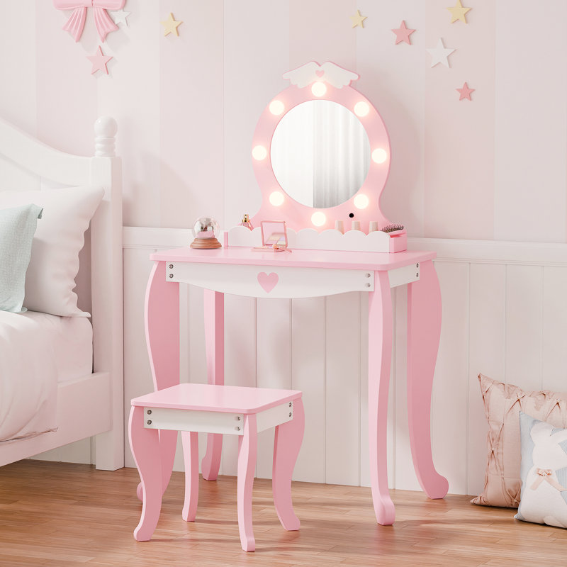 Kids Vanity with Stool and LED Mirror, Pink