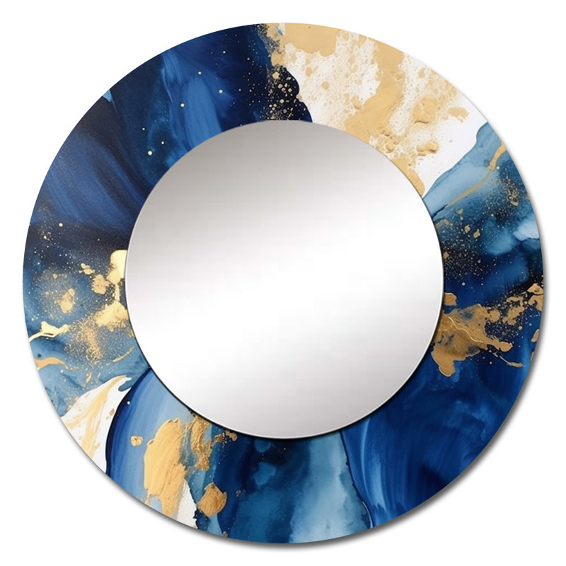 Miroir décoratif bleu foncé et doré à motif de fractales, motif de grandes rondes, impression sur métal, 36 po x 36 po