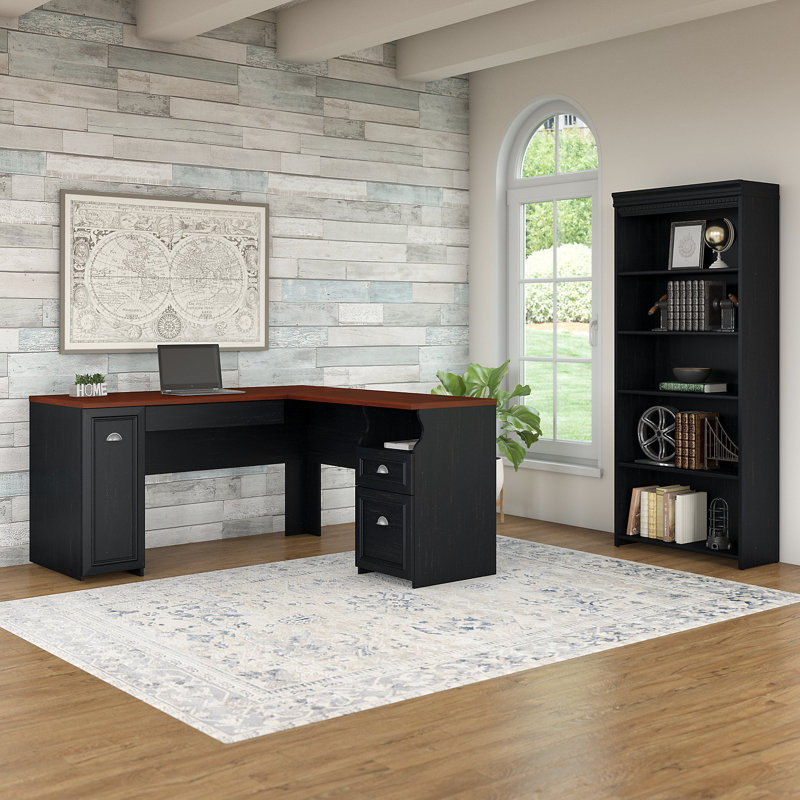 Ozro L-Shaped Executive Desk, Antique Black