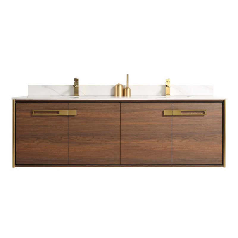 72 " W Free Standing Wall Mounted 2 Double Vanity Bathroom Vanity With Carrara Quartz Top, Walnut Ebony, Satin Brass
