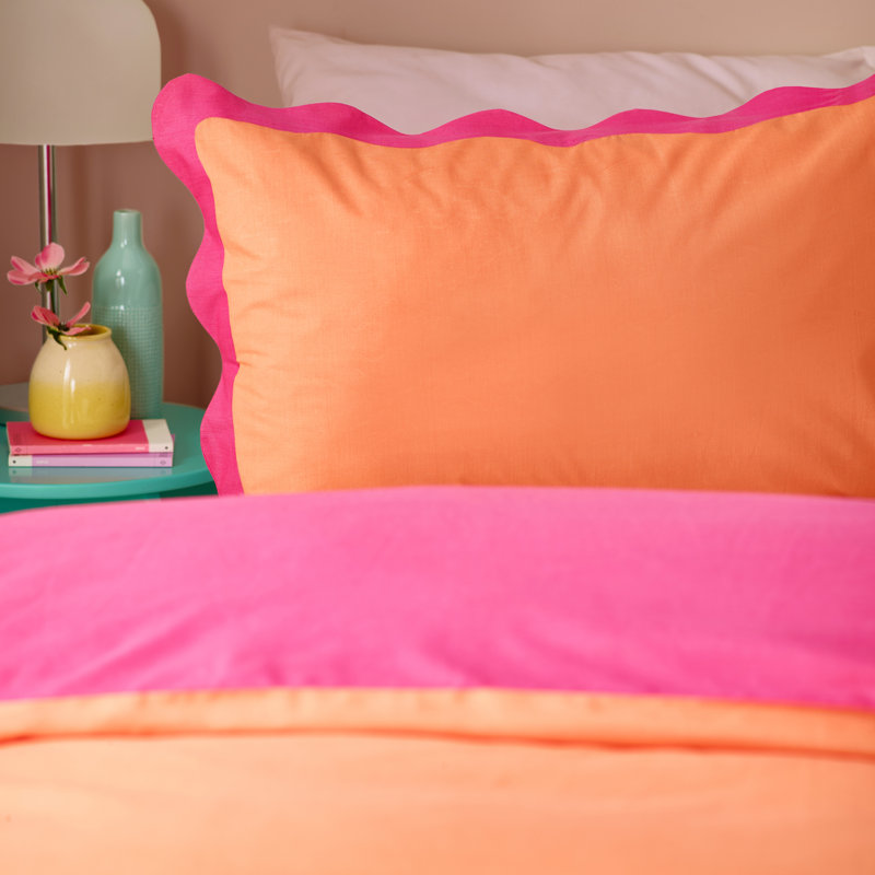 Wiggle Scallop Cotton Blend No Pattern Duvet Cover Set with Pillowcases, Orange/Pink