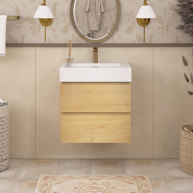Meuble-lavabo simple 24 po avec plateau Kansiray, Blanc, Chêne