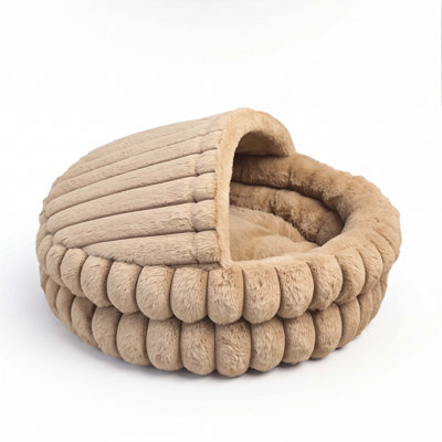 Cave Cat Bed with Hooded Cover, Round Plush Enclosed Pet Bed with Machine Washable Design, Soft Faux Rabbit Fur Cat Nest for Cats & Small Dogs, Non-Slip Bottom, Brown 19.7"