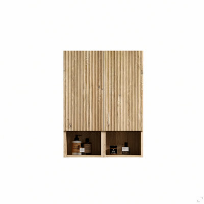 Rough Oak Bathroom Floating 2-piece Side Cabinet Set, Wall-mounted Storage Cabinet for Small Space, KD