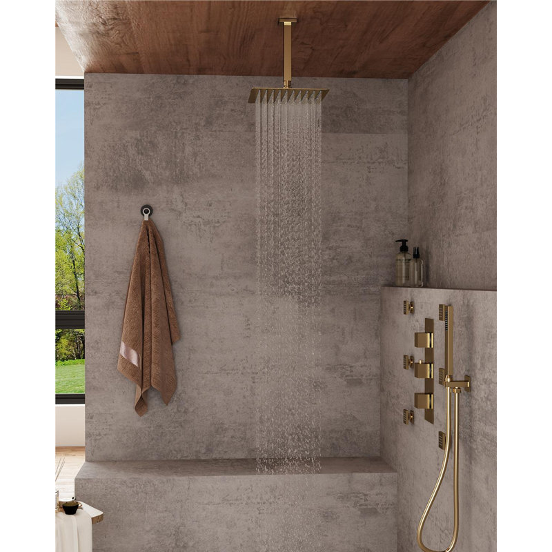 Herathena 3 Functions Ceiling Mounted Thermostatic Shower System with 6 Body Jets, Brushed Gold