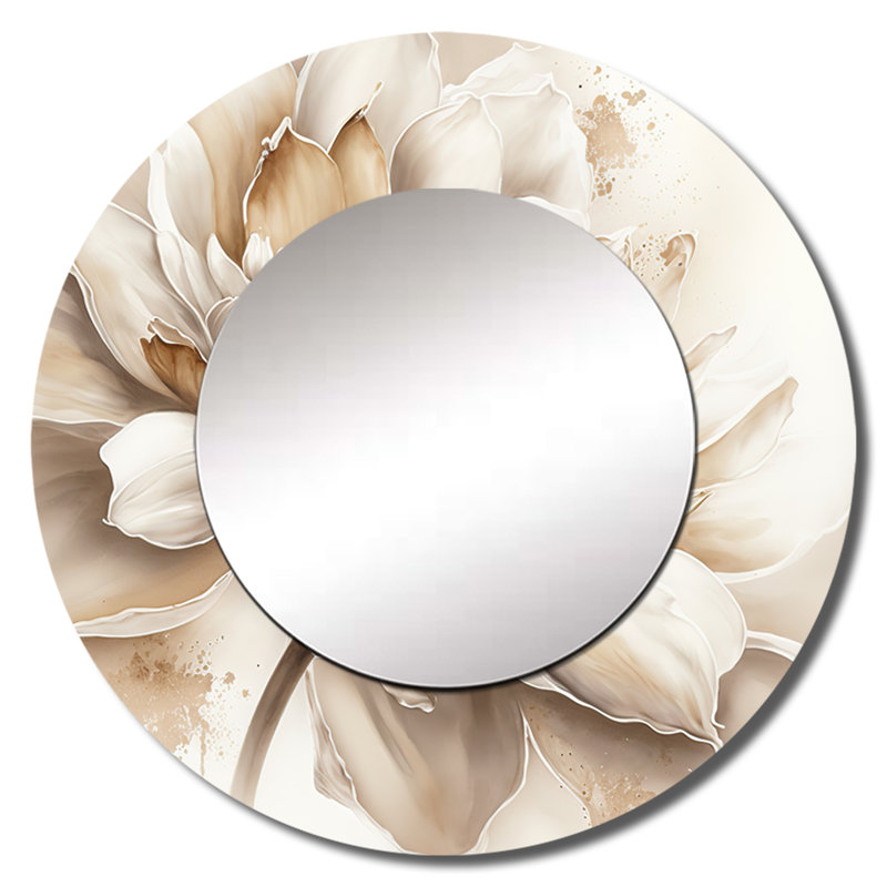 Shawntasia simple fleur beige III - miroir mural floral, miroir rond rond beige, impression d'art en métal, 36 po x 36 po