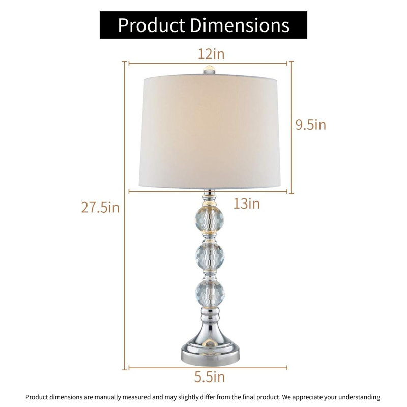 Ensemble de 2 lampes de table modernes en cristal transparent de 70 cm (27,5 po) avec abat-jour blanc et base en nickel, intensité variable à 3 niveaux, pour chambre et salon.
