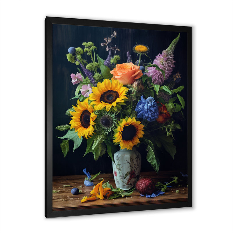 " Blossoming Sunflower Bouquet With Wildflowers ", Black Single Picture Framed, 32" H x 24" W x 1" D