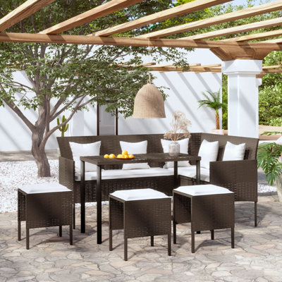 L-shaped Couch Sofa Set 5 Piece with Cushions Poly Rattan