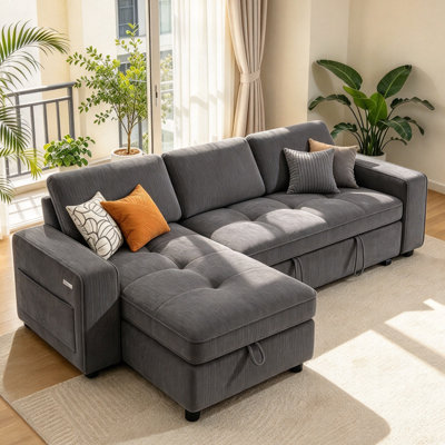 Canapé-lit convertible en L de 81 pouces avec méridienne avec rangement Driffield, lit escamotable 3-en-1, dossier inclinable à 5 positions, ports USB et Type-C