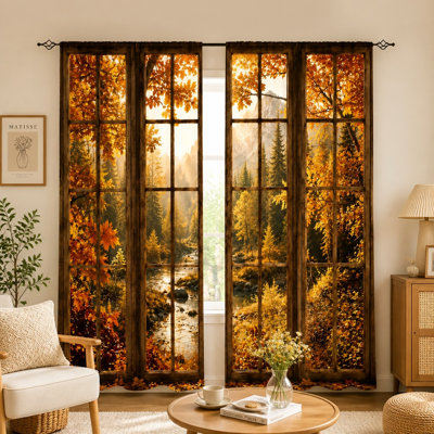 2Pcs Autumn Forest Scene Curtains, Realistic Woodland River View Printed Window Drapes, Light Filtering Curtain for Living Room Bedroom Kitchen Patio Decor, Rod Pocket