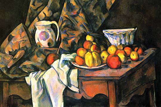 «Still Life with Apples and Peaches» par Paul Cezanne, reproduction d'art, H 44 po x l 66 po