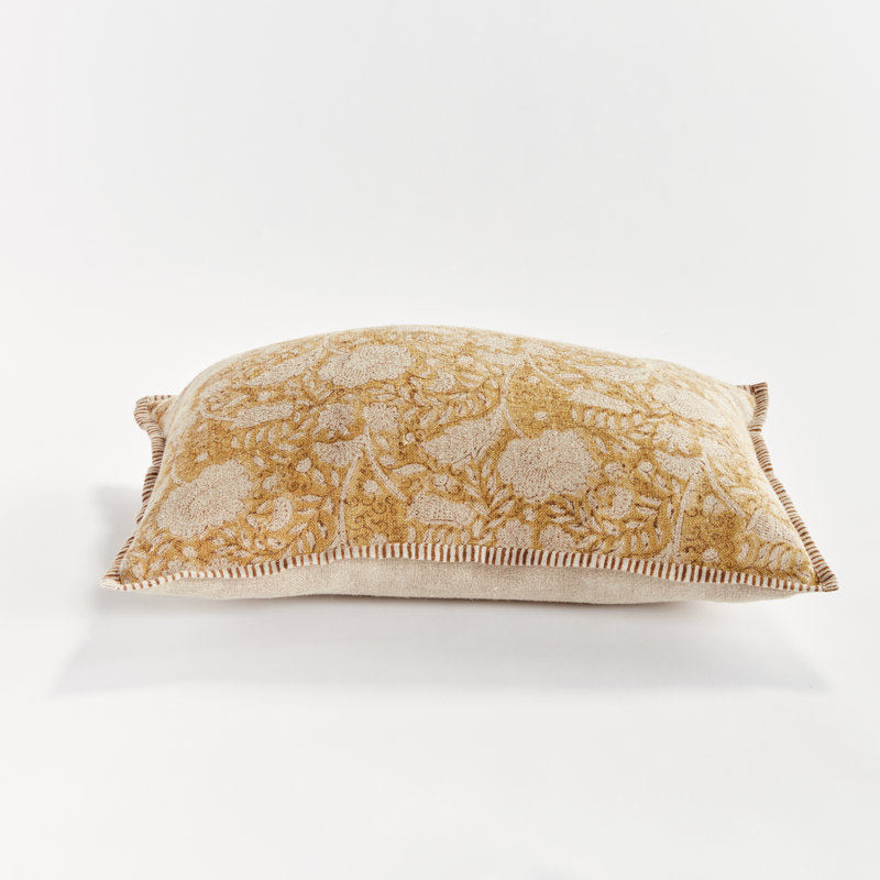 Jules European Flax Fiber Pillow Cover & Insert, Rectangle 14" H x 20" W, Piped Edge, Yellow/Floral
