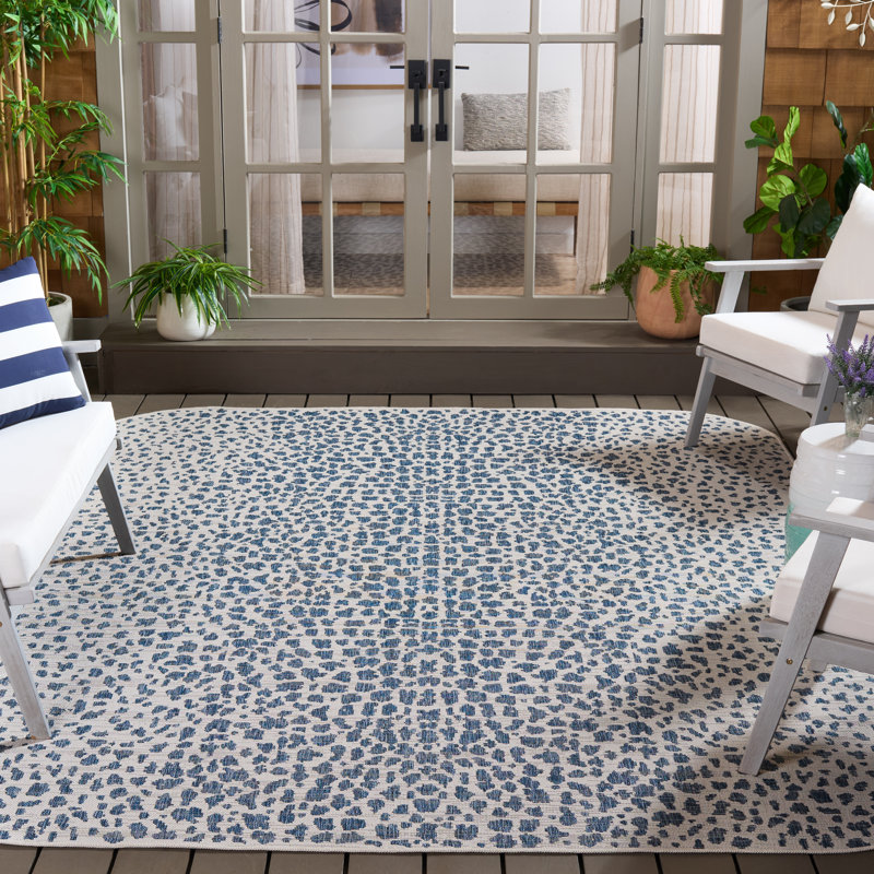 Tapis intérieur / extérieur ivoire / bleu marine Tyron, Rectangle arrondi 8 pi x 10 pi