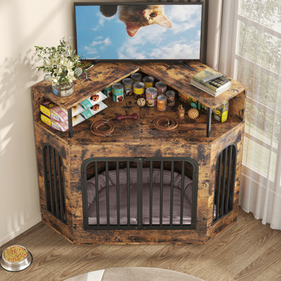 2-in-1 Corner Dog Crate Furniture with Arch Door, TV Stand & Side Table, Heavy-Duty Iron & Wood, 200 lbs Capacity,Brown