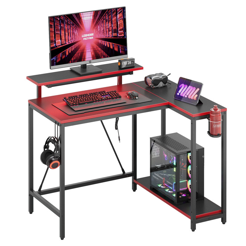106cm Reversible L-Shaped LED Gaming Desk - Carbon Fiber with Monitor Stand & Headset Hooks