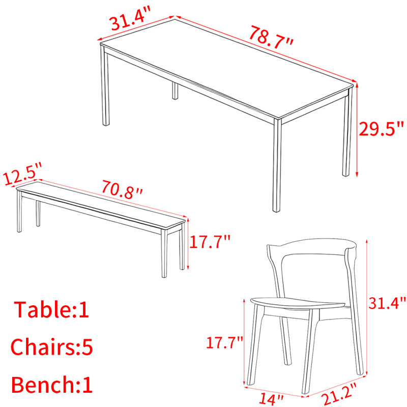 Nordic style rectangular dining table set., 29.5"H x 78.7"L x 31.4"W