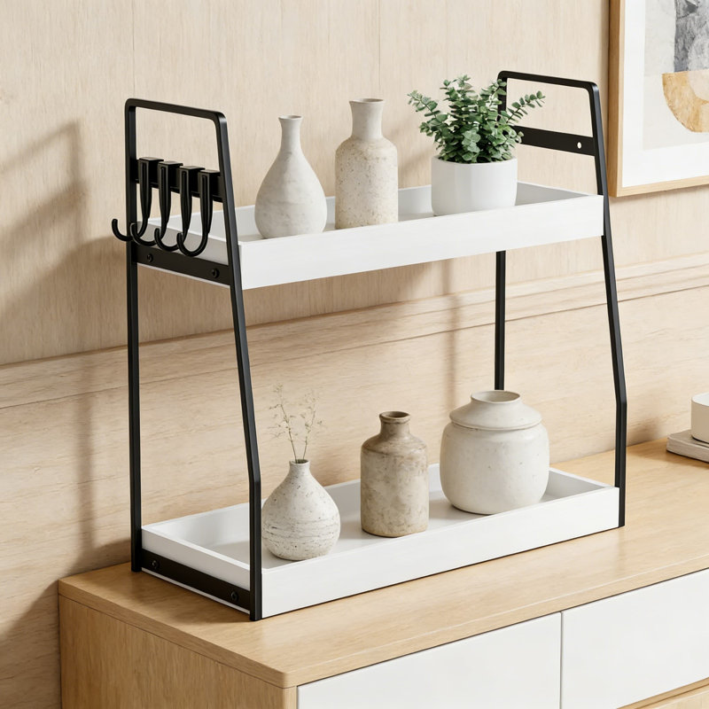 2-Tier Bathroom Countertop Organizer With Adjustable Shelf And Hooks, Wood Vanity Storage Shelf For Sink Corner, Skincare And Cosmetic Organization