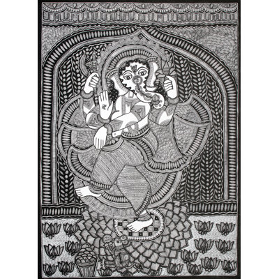 Ganesha dansant à Nataraja Mudra | Madhubani, peinture sur papier traitée à la main avec de la bouse de vache