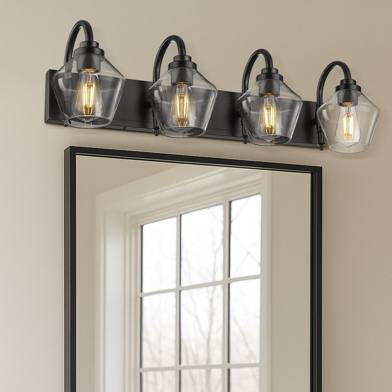 4 - Light Farmhouse Vanity Light Clear Glass Diamond Shade, Black, Matte Black, 10.6" H x 31.9" W x 10.23" D, 4 Lights